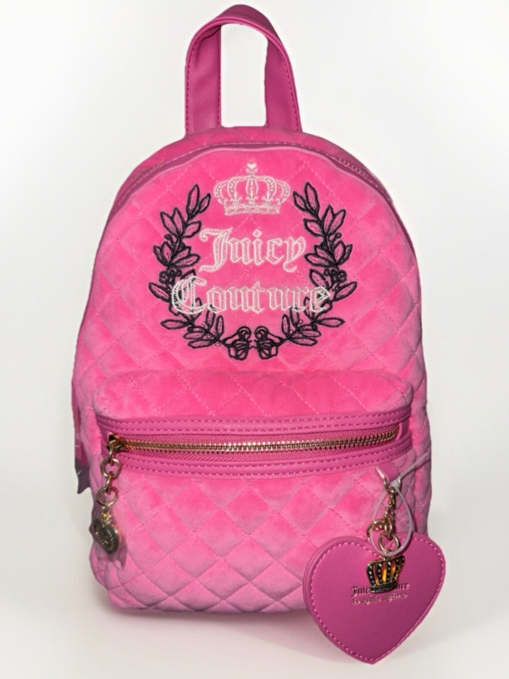 JUICY COUTURE Royal Moment Medium Backpack + Heart Crown Keychain Pink Velour